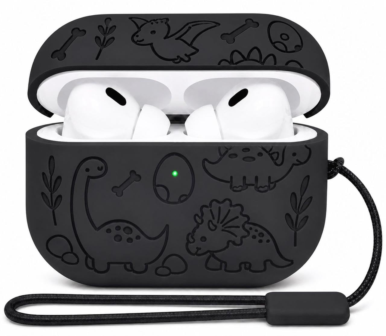 Emoh Roced Case for Airpods Pro 2 with Lanyard,Silicone Dinosaur Engraved Cases Compatible with Apple AirPods Pro 2nd Generation 2022, Anti-Scratch, Protective Case Cover (Black)-image-35