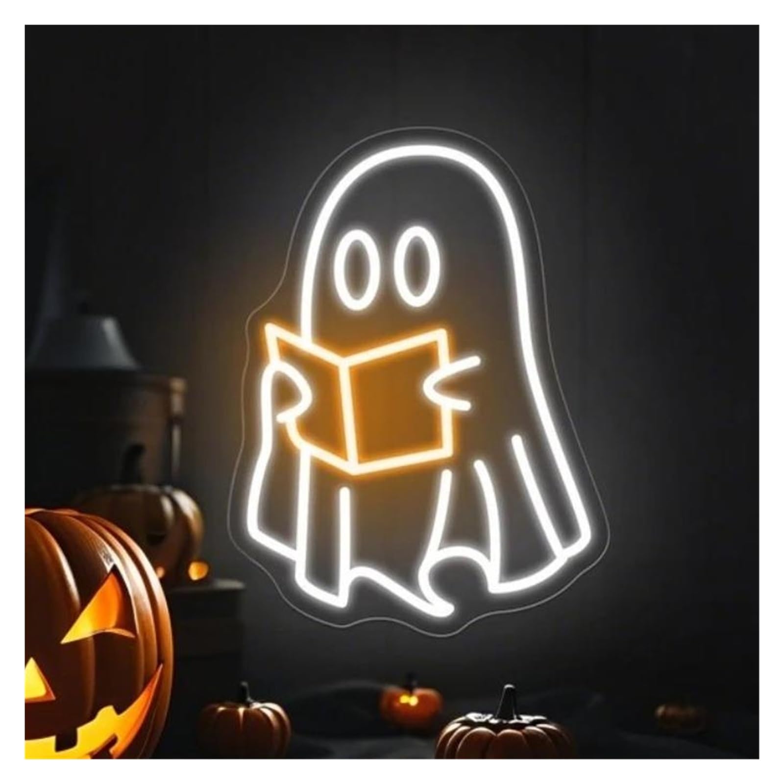RONGCH Hanging Art Signs Ghost Reading Neon Sign Funny Spooky Ghosts LED Light Dimmable USB Powered for Library Party Book Lover Wall Decor 34.5cmx25.5cm(White Yellow)