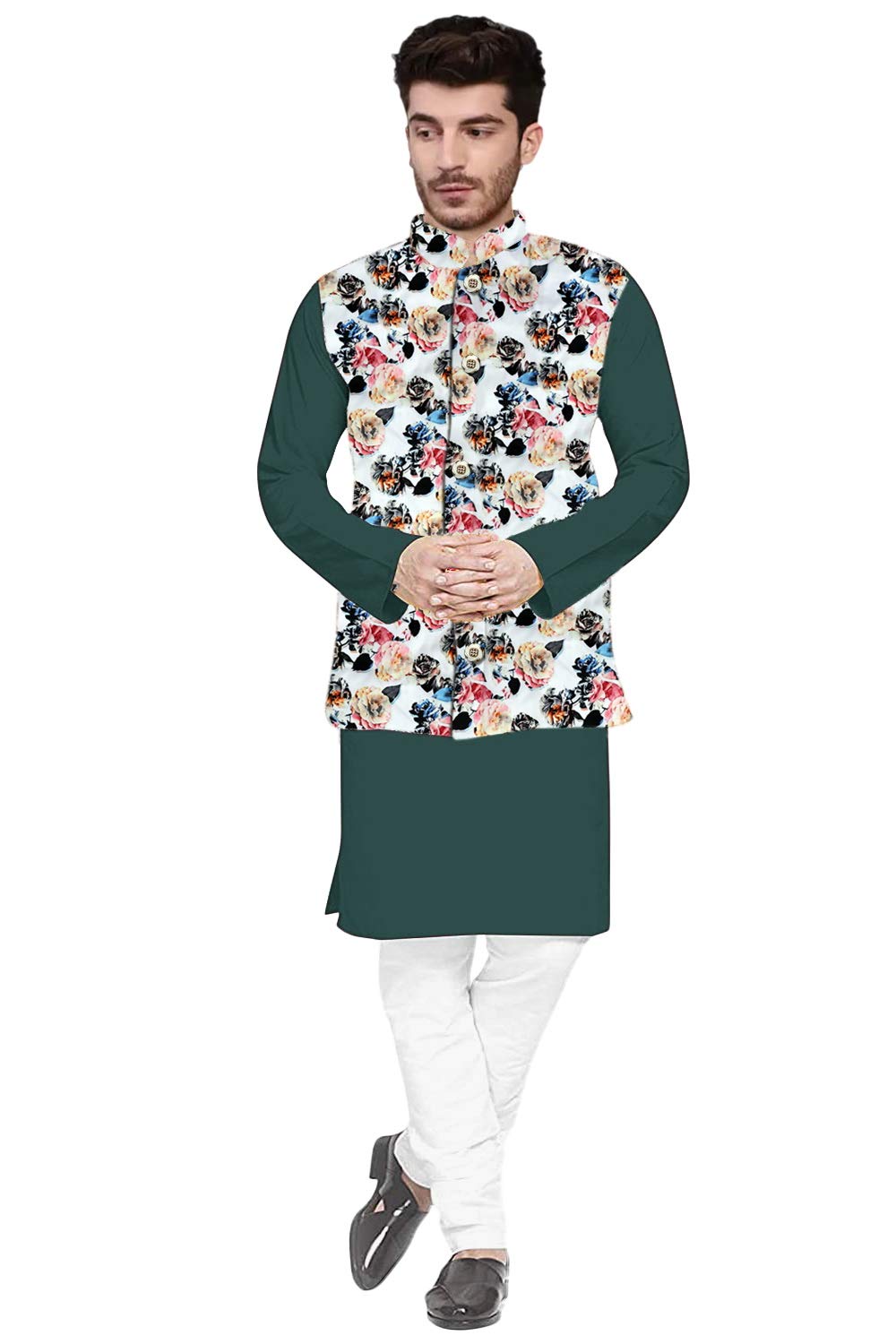Mens Three PCS Combo Set (KOTI + Kurta + Pyjama) with Classis Colour Option Matching with Multicolour Flower Printed NERHU Jacket-image-3