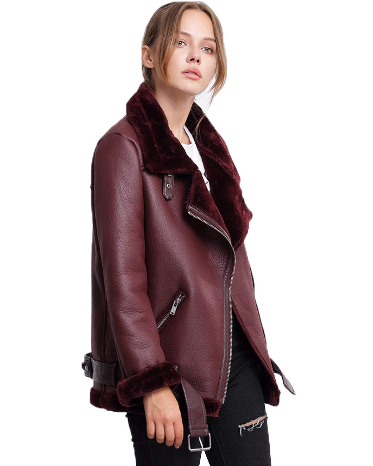 LY VAREY LIN Women's Faux Shearing Moto Jacket Thick Lined Parka Winter Shearling Coat Leather Jacket