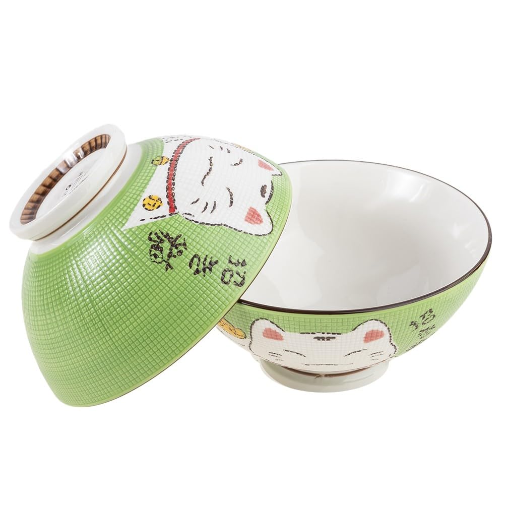 Lachineuse Maneki Neko Green - 2 Soup Or Ramen Bowls - Maneki Neko Design - Green Duo - Multi-Purpose Bowls - Porcelain - Japanese Decoration - Japan Asia Gift Idea