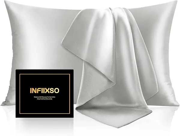 INFIIXSO Mulberry Silk Pillowcase for Hair and Skin, Silk Pillow Cases Standard Size with Hidden Zipper 20x26 Inches, Ultra Smooth and Soft Cooling Pillow Cases for Hot Sleepers(Light Grey, 1 Pack)