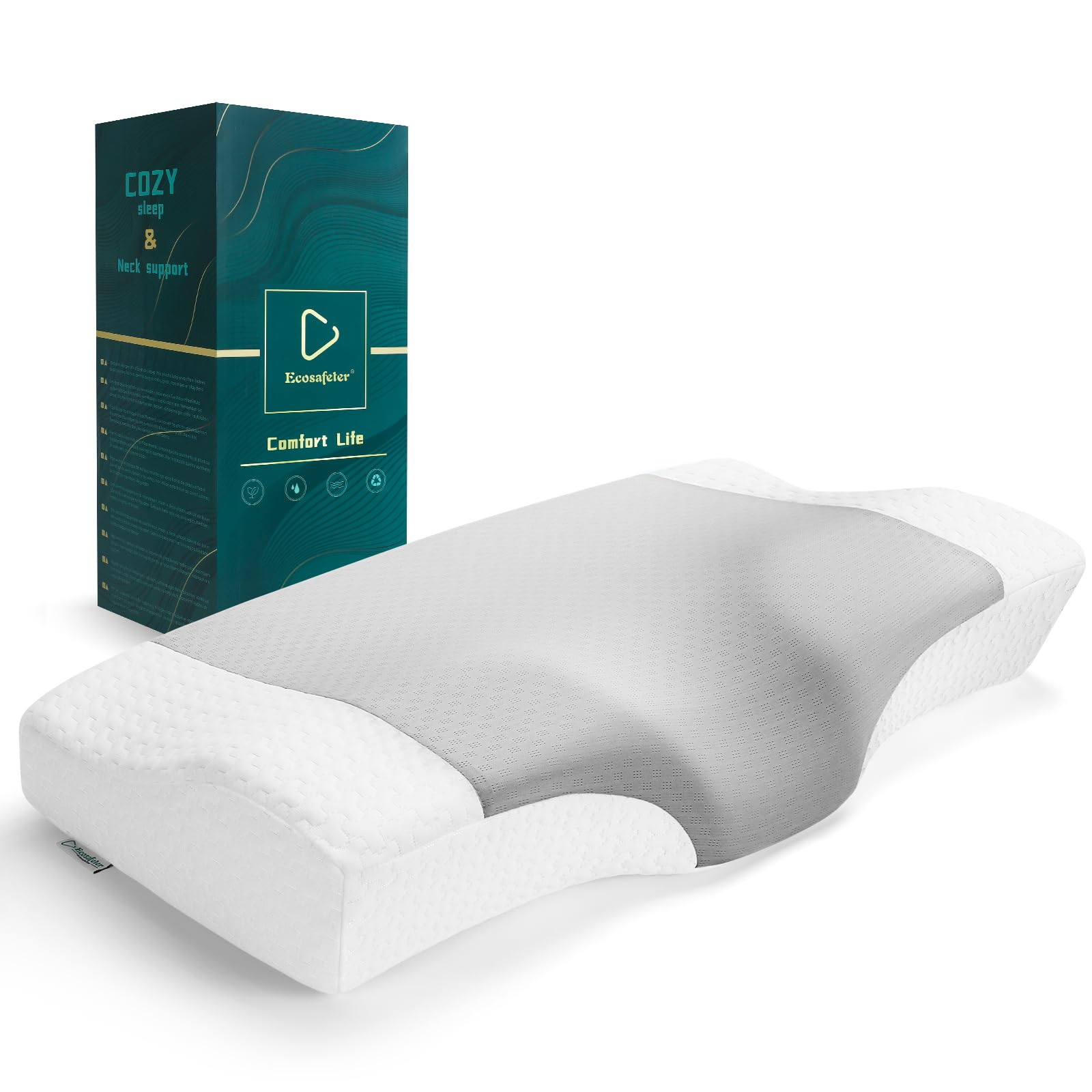 Ecosafeter Memory Foam Kopfkissen für Orthopädisches Schutz gegen Schulterschmerzen für Seiten, Rücken & Bauchschläfer