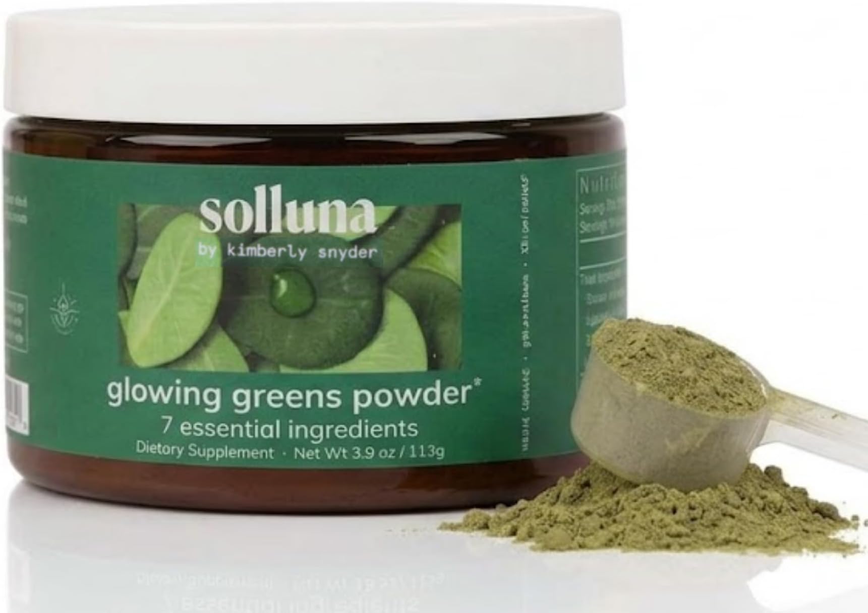 Solluna by Kimberly Snyder Glowing Greens Superfood Powder — Spirulina, Cordyceps, Chlorella, Moringa, Ashitaba, Amalaki, Monk Fruit — Vitamins & Minerals for Energy & Mood (30 Serv) Vegan & Non-GMO