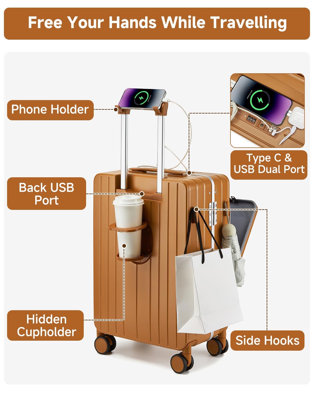 Sea choice Valigia da 20 pollici con Tasca Frontale per Laptop Trolley in PC Leggera Bagaglio a Mano con USB Chiusura TSA e 4 Ruote Doppie Girevoli, Porta bicchieri