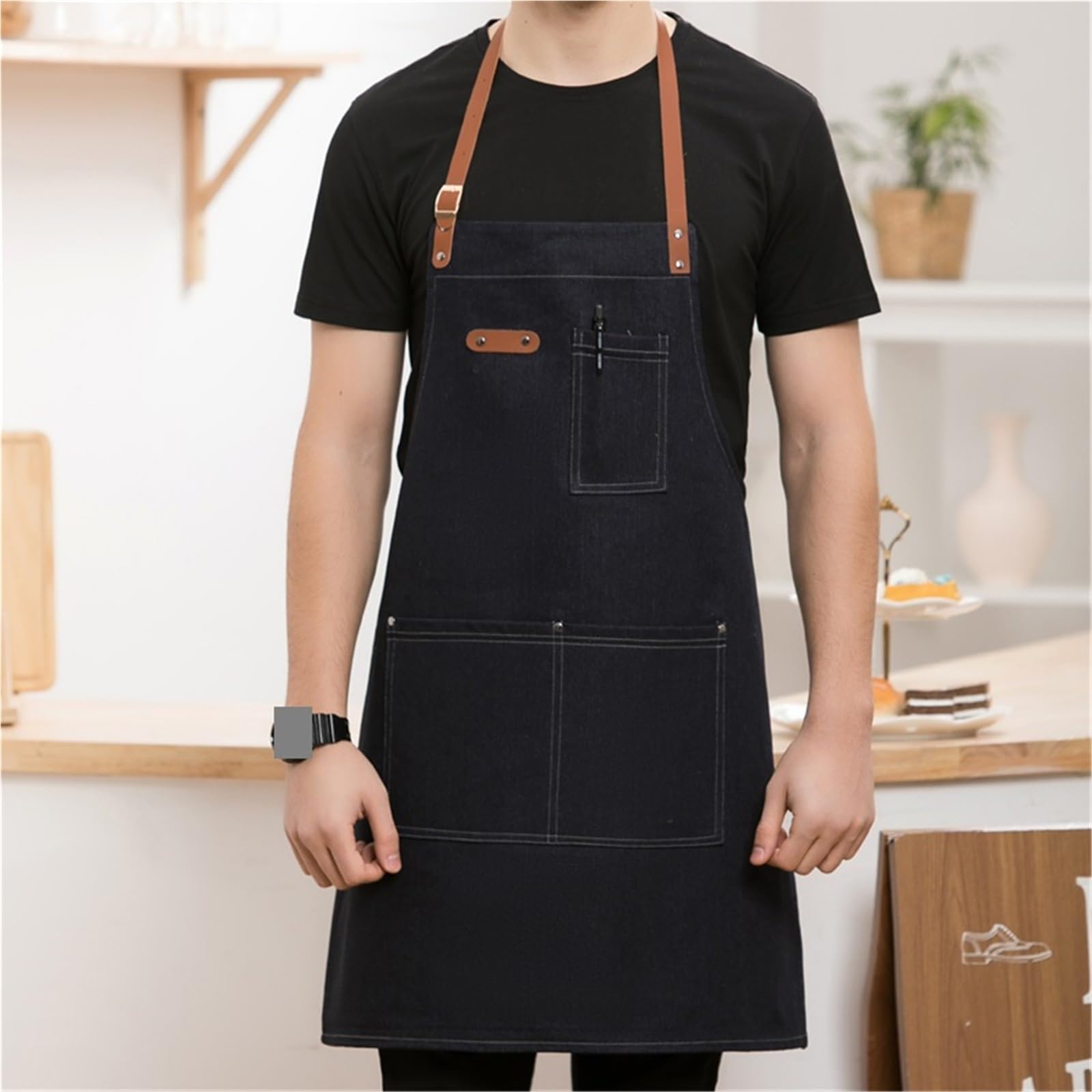 Delantal de trabajo de mezclilla con correa de cuero y bolsillos, uniforme de camarero for estudio de belleza, barbería, cafetería, mercado, panadería. para Soldadura, Herrero