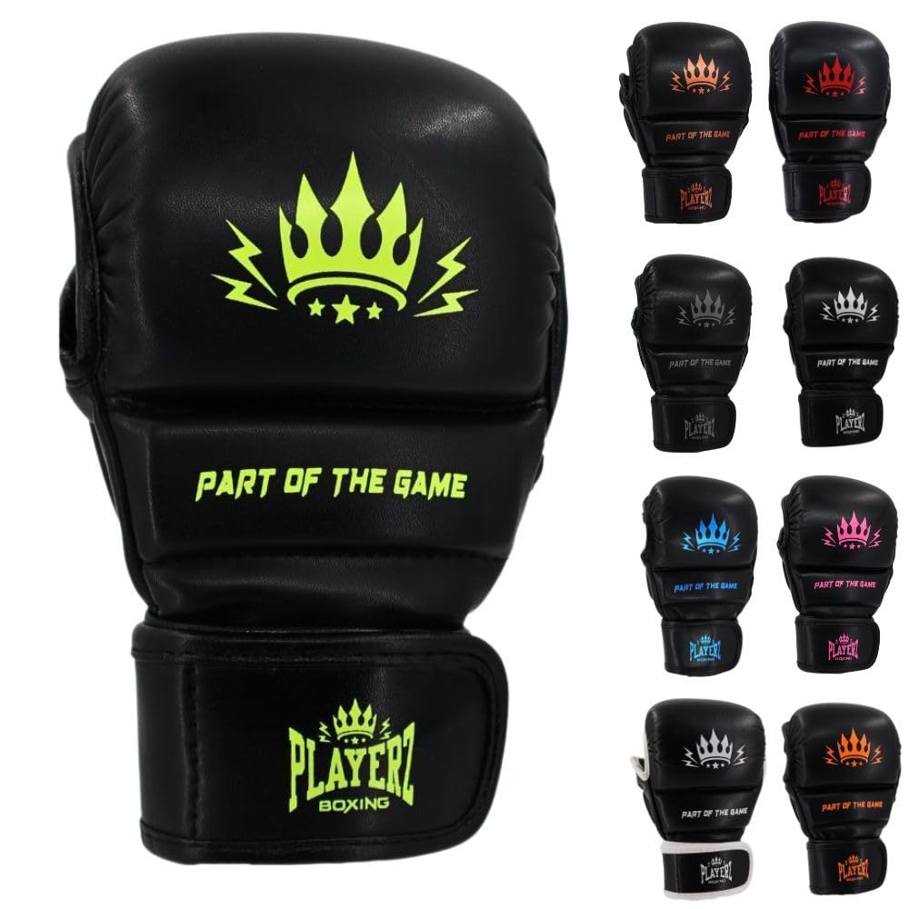 Playerz Element Kids MMA Sparring Gloves, Synthetic Leather Grappling Gloves, Side Thumb Protection, Double Wrap Closure, 1" High Tech Padded Knuckle for Young Martial Artists