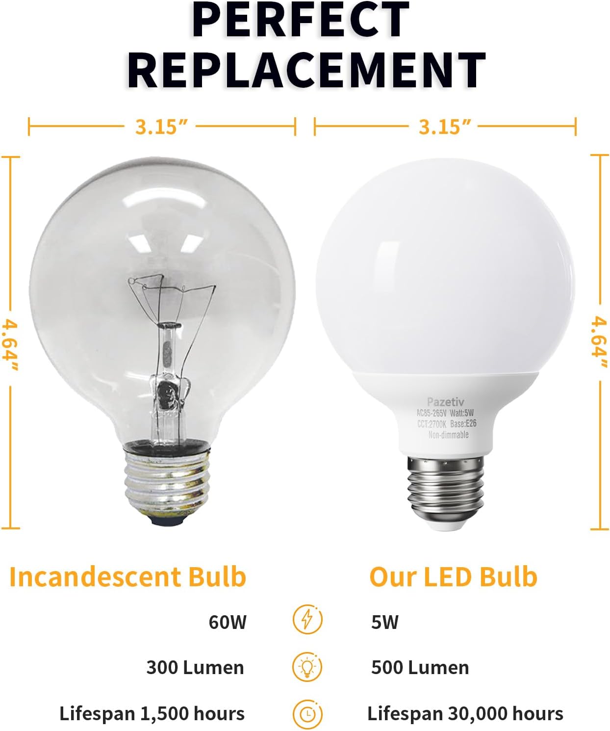 4 Pack Warm White LED Globe Light Bulbs for Bathroom, 120V 60 watt Equivalent, E26 Medium Base, Not Dimmable Vanity Light Bulbs Round, 2700K G25 LED Bulb Over Mirror