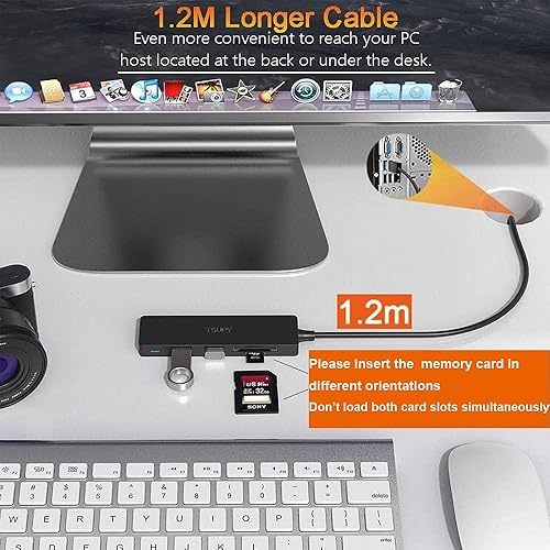 Miniatura 3 de TSUPY Hub 3.0 Splitter, TSUPY USB 3.0 Hub Multi USB adaptador expansor de puerto con cable de 4 pies, lector de tarjetas SDTF y 3 puertos USB 3.0