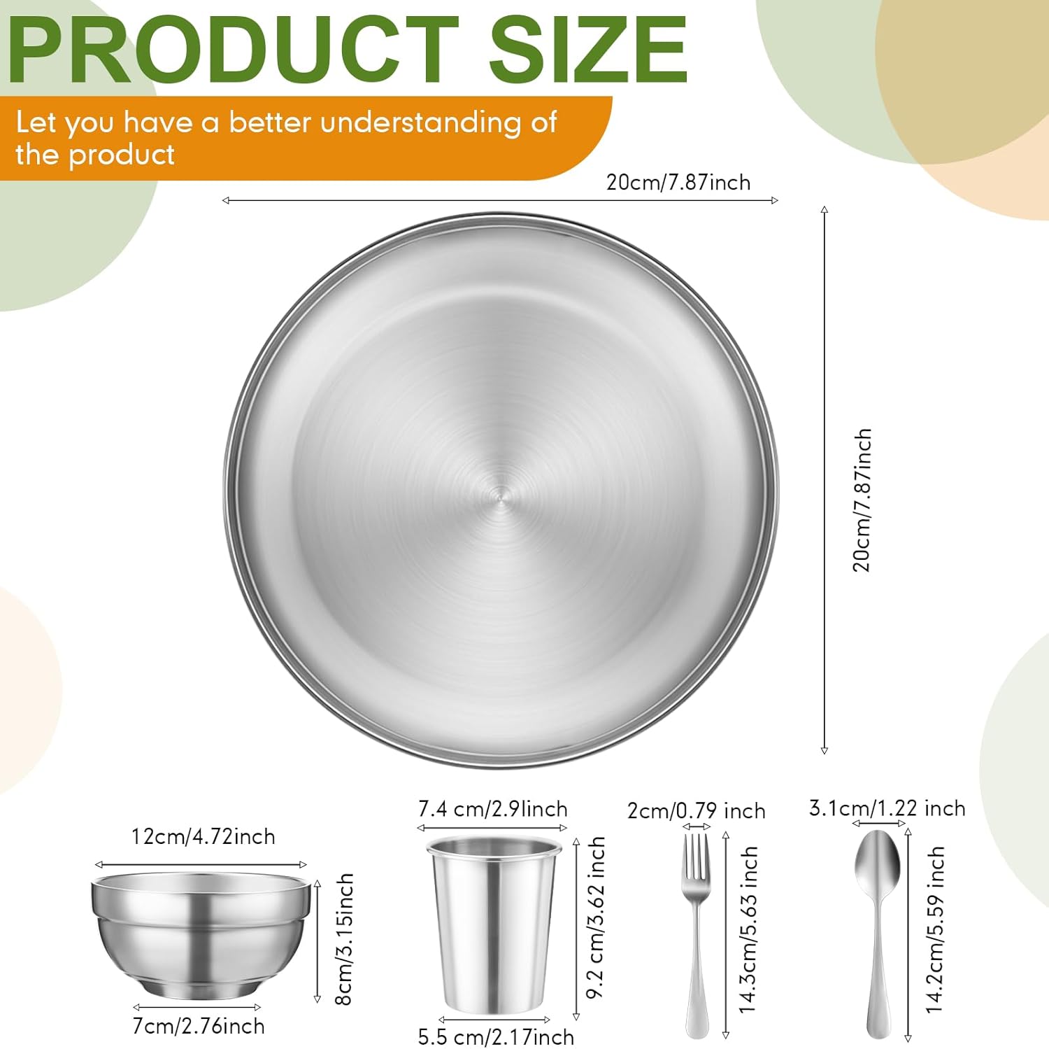 Jinei 50 Pcs Stainless Steel Dishes Set 10 Stainless Steel Plates, 10 Bowls, 10 Cups, 10 Spoons, 10 Forks, Dishwasher Safe, Durable Dinnerware Set for Home Travel Camping (Casual)