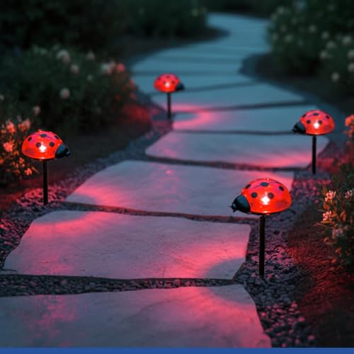 Maximex Solar LED Gartenstecker Marienkäfer, 4er Set, rote LEDs, Dämmerungssensor, wetterfest, Solar Gartenbeleuchtung für Beete und Pflanzkübel, je 8 x 14 x 6 cm, Kunststoff