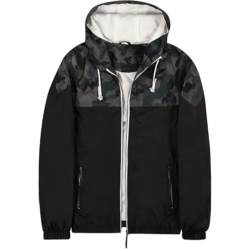Lansbojun Mens Windbreaker Jackets Hooded Water-resistant Wind Breakers Casual Sportswear