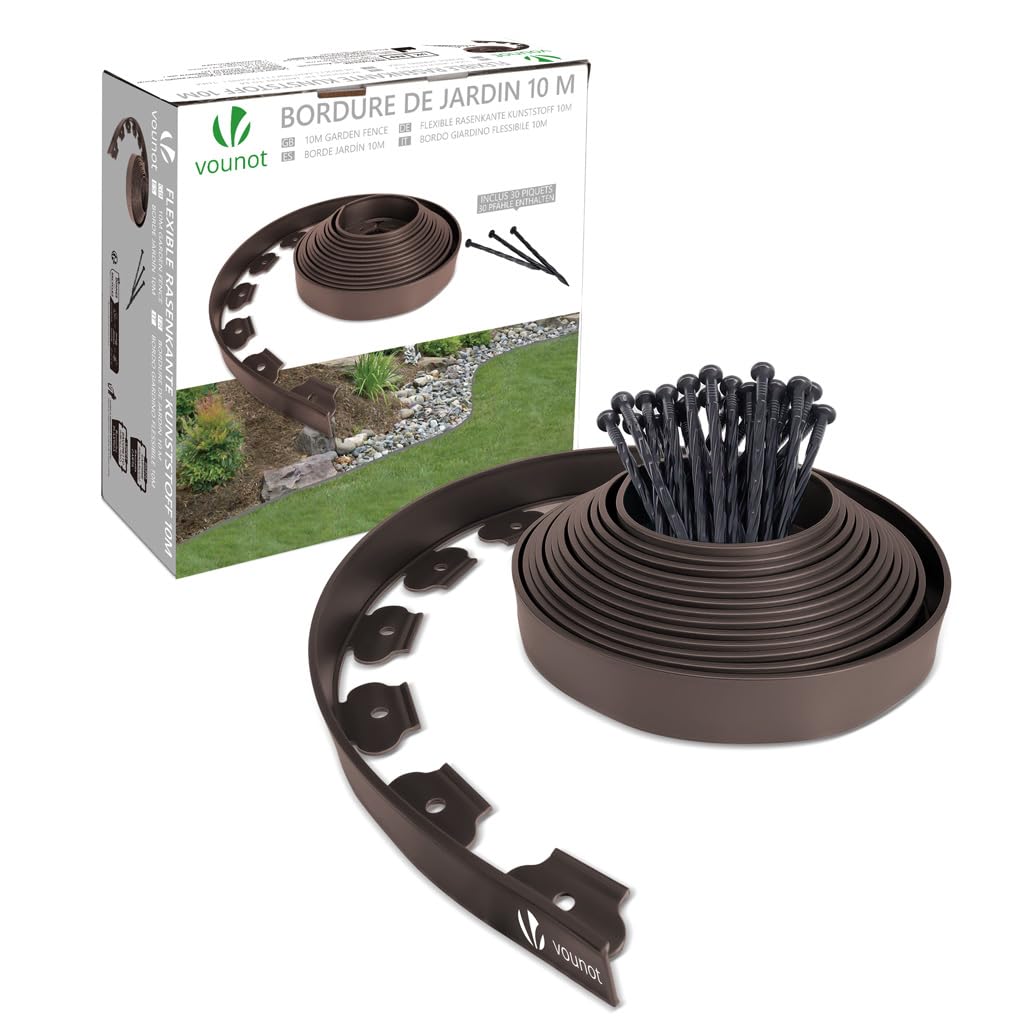 VOUNOT® Bordo Giardino Flessibile, Bordi Aiuole Plastica, con 30 Chiodi di Fissaggio, Lunghezza 10m, Altezza 5cm, Spessore 4mm, Marrone