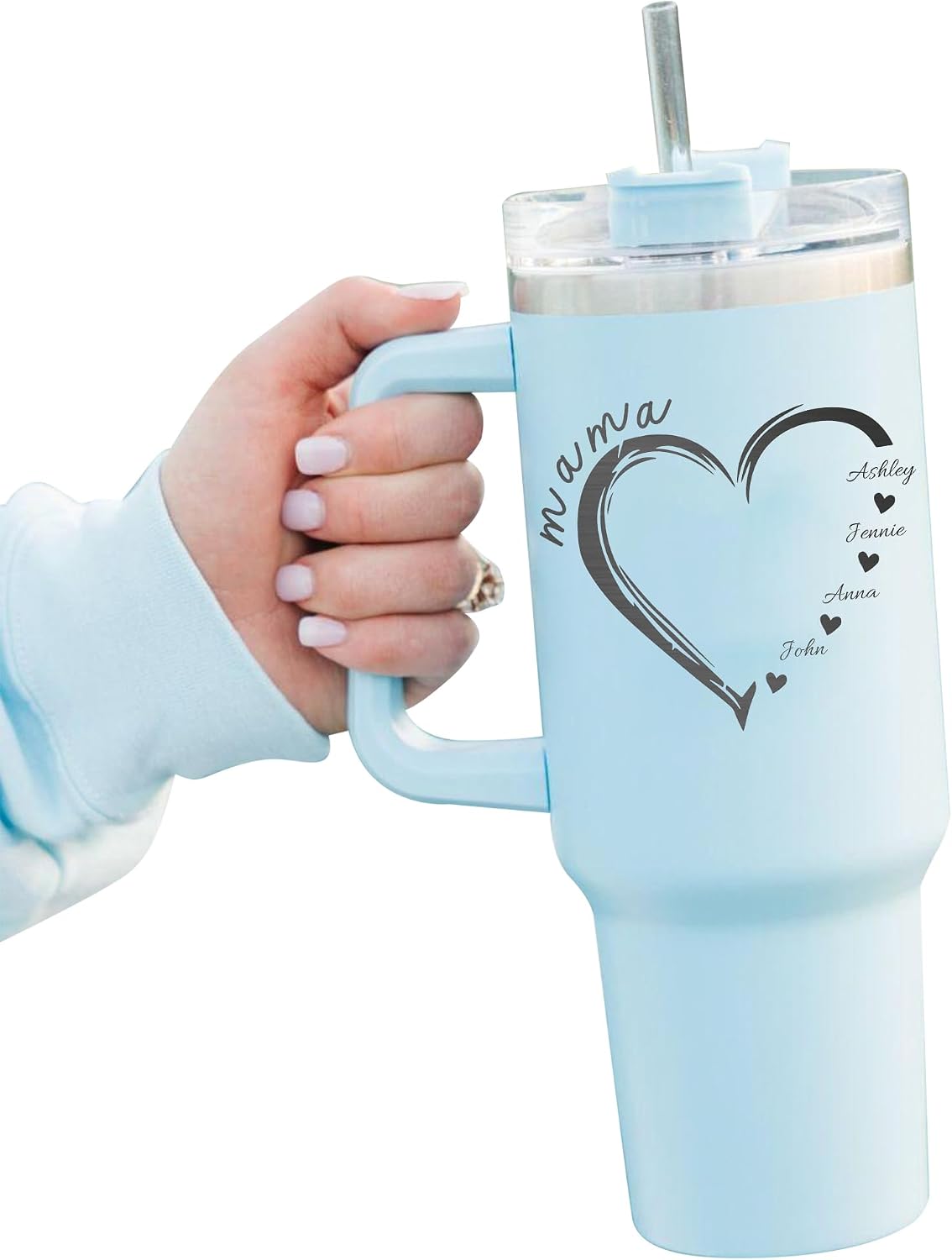 Heart Personalized Laser Engraved 40oz Large Tumbler with Handle,Straw&Lid, Unique Fun Gifts for Her, Custom Gift Idea for Moms Nana Grandma Mama, Insulated Coffee Tumblers for Wife, Mothers
