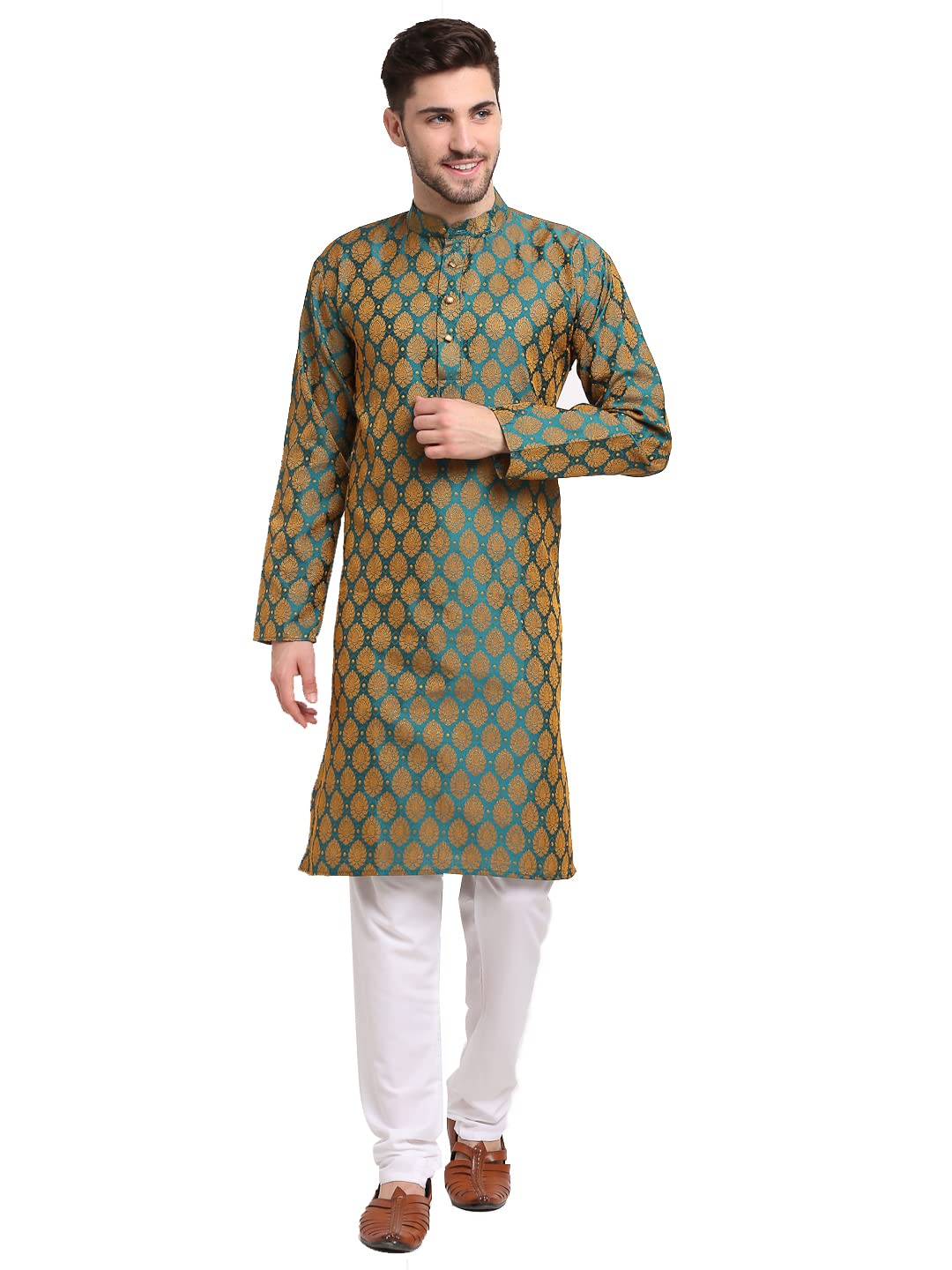 Jompers Men Green Jacquard Woven Design Kurta Pyjama. (Green, M)