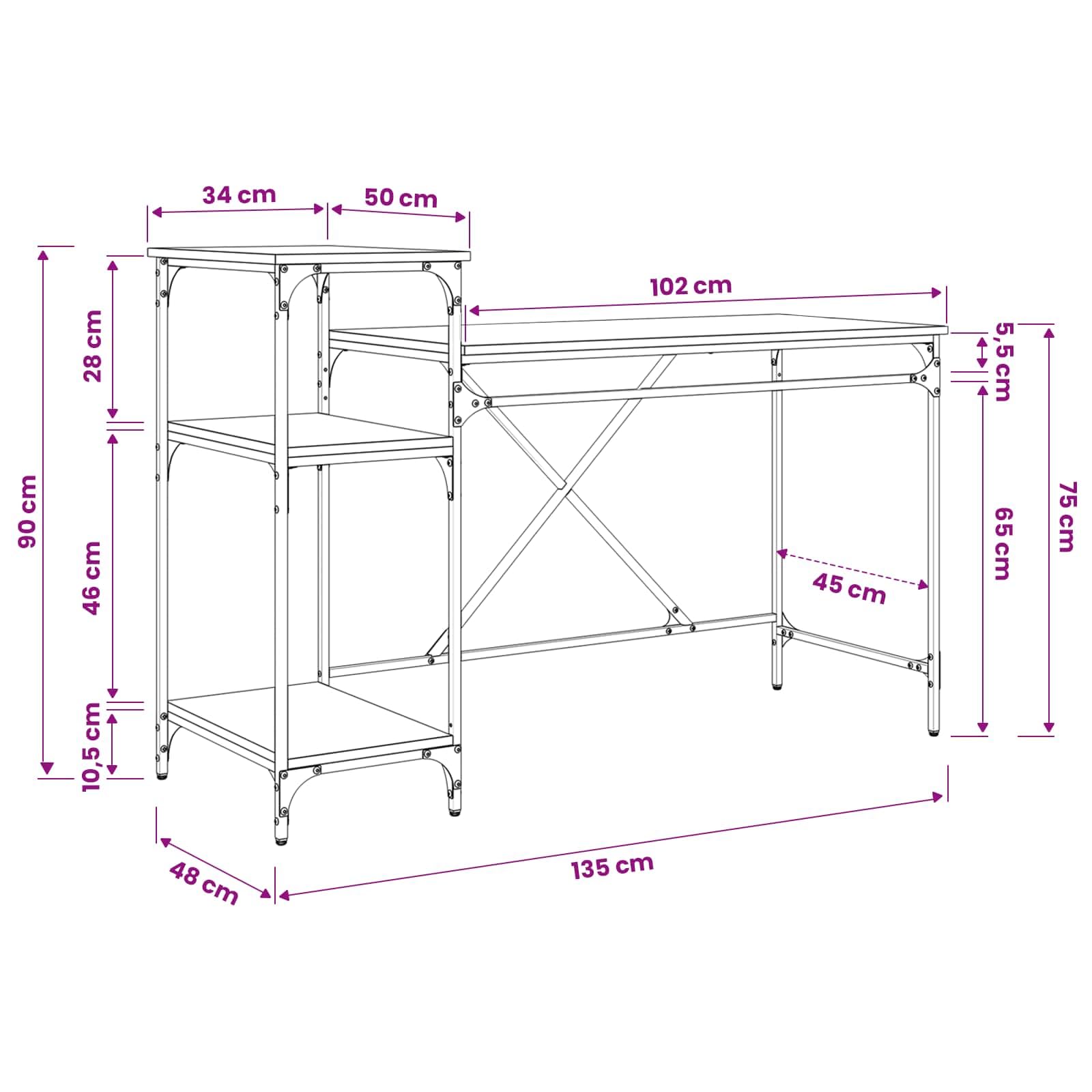 Biurko o wyglądzie czarnego dębu 135 x 50 x 90 cm z 3 półkami do biura, biura domowego i gabinetu, wytrzymały stół roboczy do komputerów i celów edukacyjnych