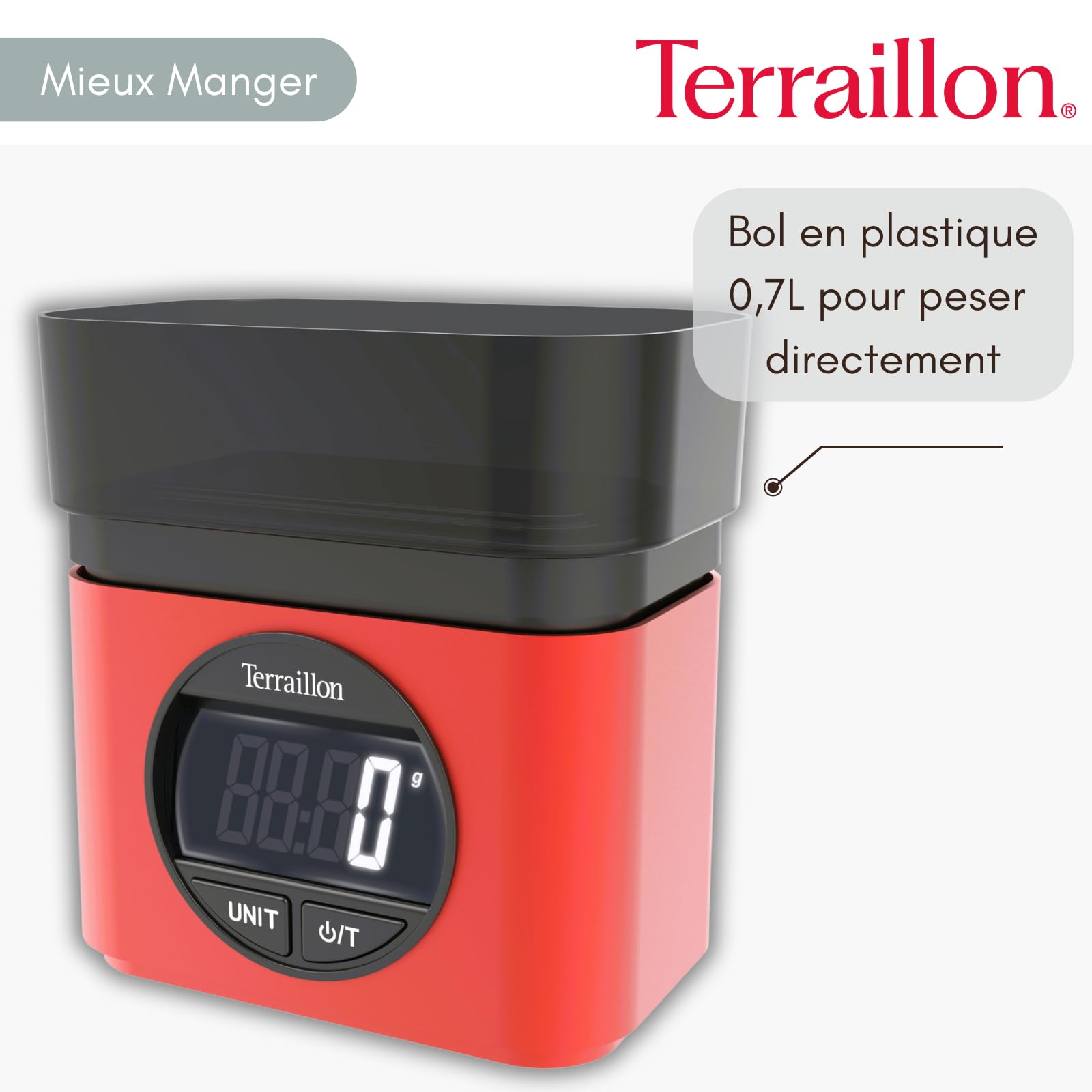 TERRAILLON BA22 MYTHIQUE - Báscula electrónica de cocina, diseño icónico y retro, cuenco integrado 0,7 L, pantalla LCD grande, pantalla XXL de dígitos, función Tare, rojo