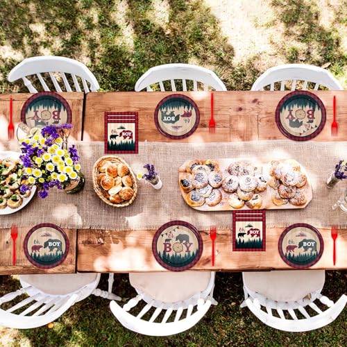 Image of gisgfim 96 Pcs Buffalo Plaid Lumberjack Party Plates and Napkins Party Supplies Boy Red Plaid Party Tableware Set Christmas Decorations Favors for Birthday Baby Shower for 24 Guests