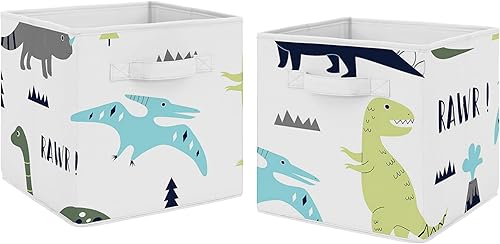 Miniatura 8 de Sweet Jojo Designs Juego de 2 cubos de almacenamiento de tela plegables de dinosaurio moderno azul marino y gris, cajas organizadoras de juguetes