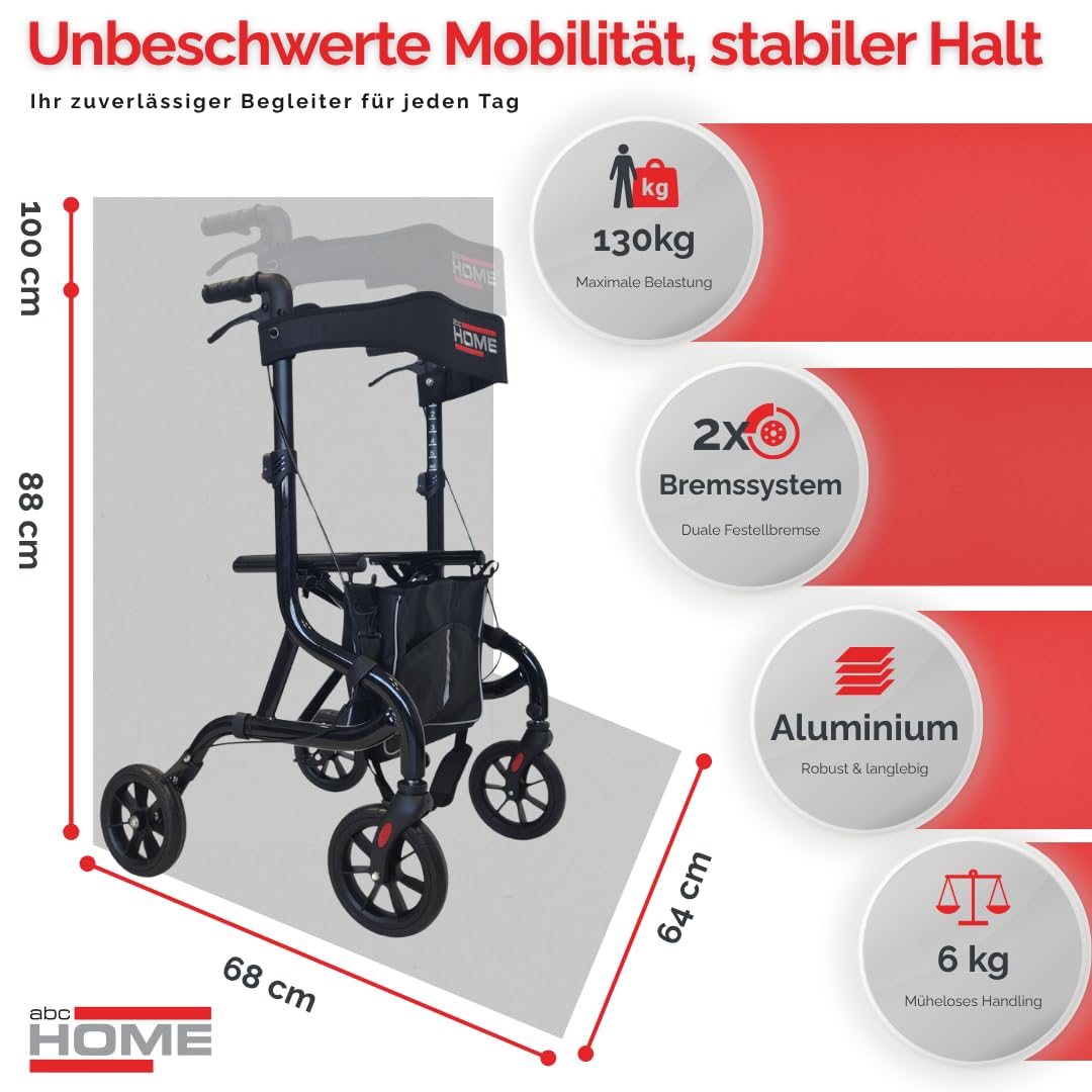 abc HOME Ultra-Leichtgewicht Rollator 6 kg – Aluminium Gehwagen klappbar bis 130 kg – Reise-Rollator mit Ankipphilfe, Sitz & Tasche – 5-fach höhenverstellbar – Schwarz (Nobles Schwarz)