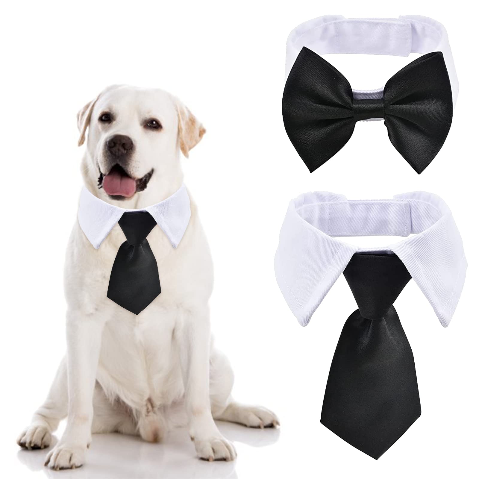 URROMA Pajarita blanca y negra para mascotas, 3 piezas, ajustable, para perro, formal, disfraz de esmoquin para perros y gatos, talla L