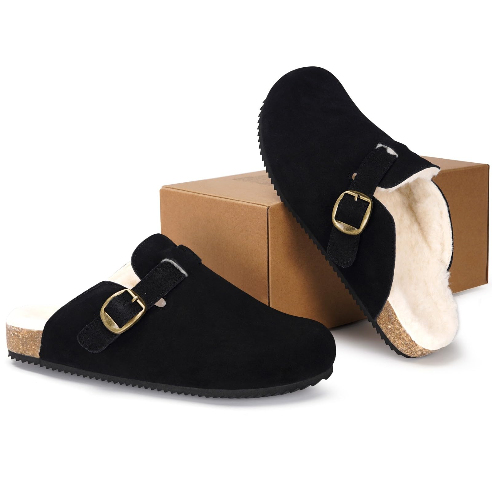 Dokela Clogs Gefüttert Damen Hausschuhe Herren Winter Schuhe | Leder Pantoletten Wärme Gefüttert, Haus Schlappen Mit Kork-Fußbett, Rutschfeste, Bequeme