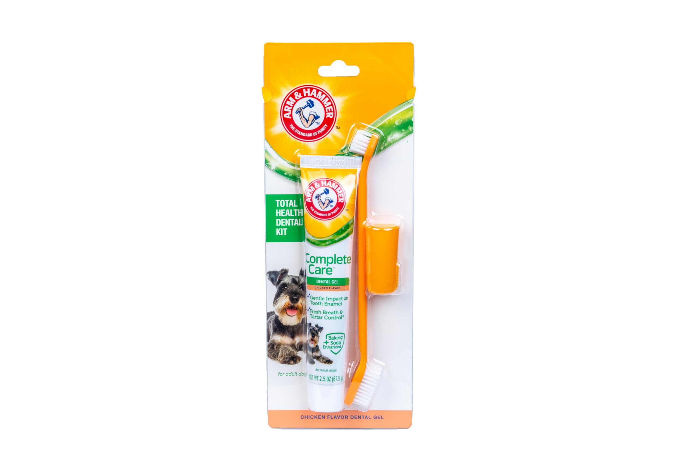 Arm & Hammer Complete Care Dental Gel Dog Toothbrush Kit, Gel Dog Toothpaste, Toothbrush, Finger Brush, Fresh Breath, Tartar Control, Baking Soda Enhanced Pet Dental Supplies, Chicken Flavor, 2.5oz