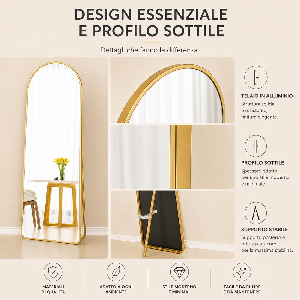 Shally Dogan Specchio da Terra e da Muro ad Arco, Stand Autoportante Indipendente e da Parete, Decorazione Interna, Design Minimal, Figura Intera e Cornice in Alluminio, 155 x 45 cm