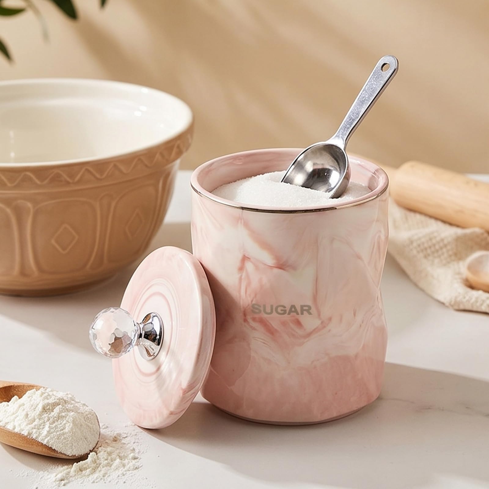 Barattoli in ceramica per tè e zucchero, motivo marmo, grigio