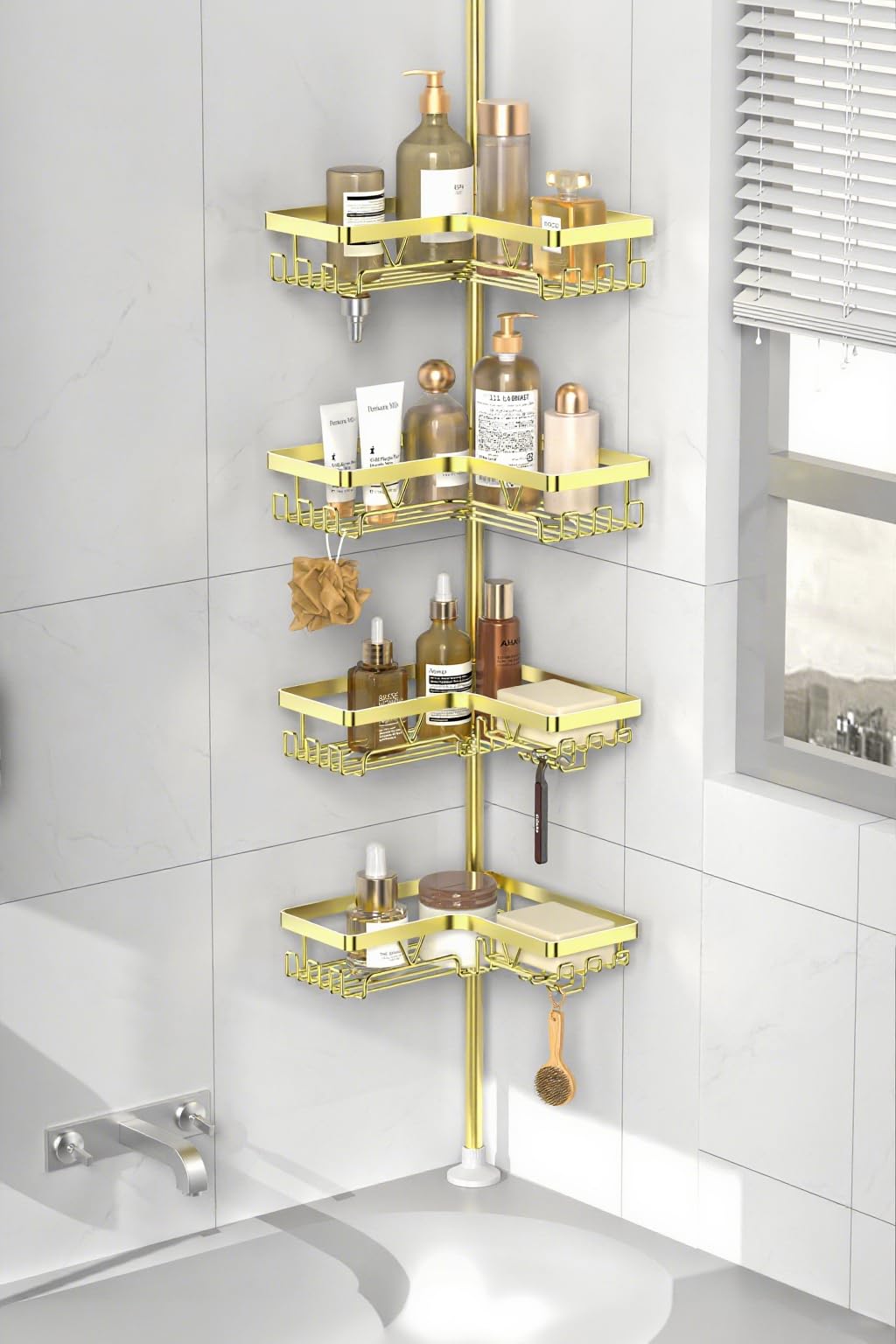 KEGII Corner Gold Shower Caddy Tension Pole - 4-Tier Rustproof Shower Rod Organizer, Floor to Ceiling Tension Rod 25-114.2 inch, Stainless Steel Corner Shower Shelf, Waterproof