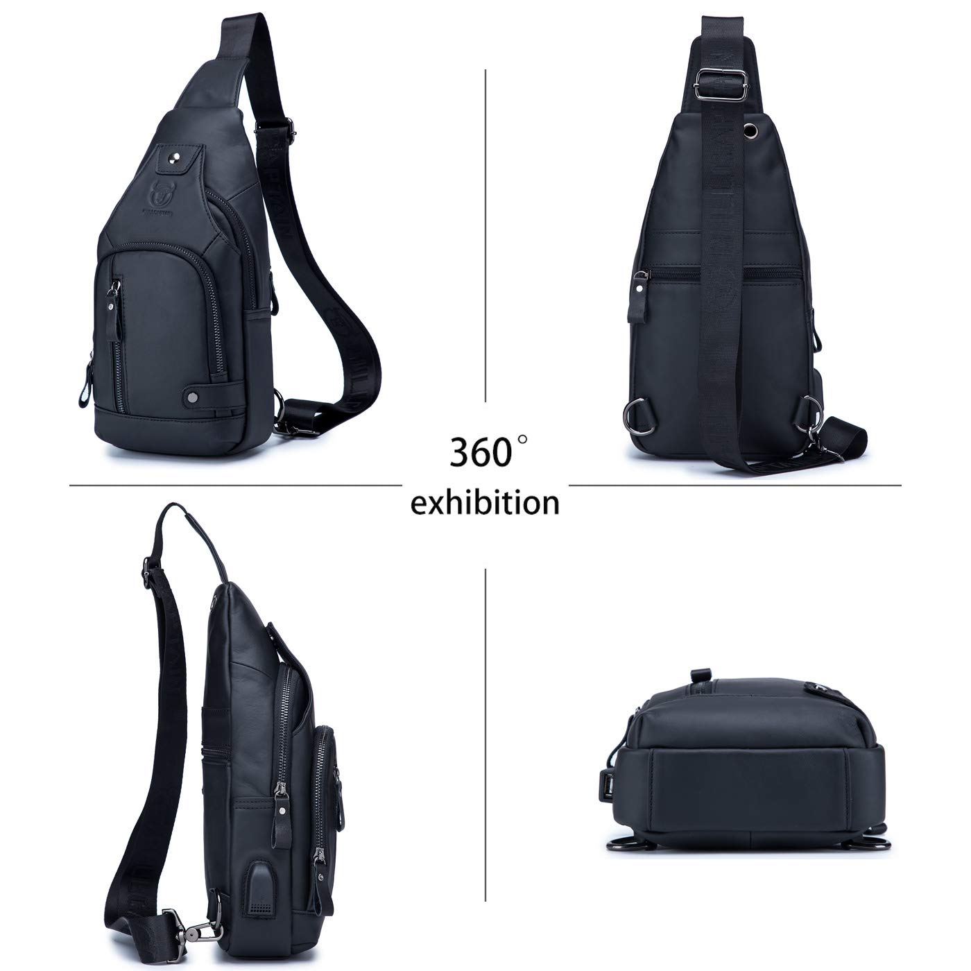 SIDNAZ Herren Echtleder Brusttasche Brustbeutel Leder Schultertasche Schulter Rucksack Reisetasche Crossbody DE915 Schwarz