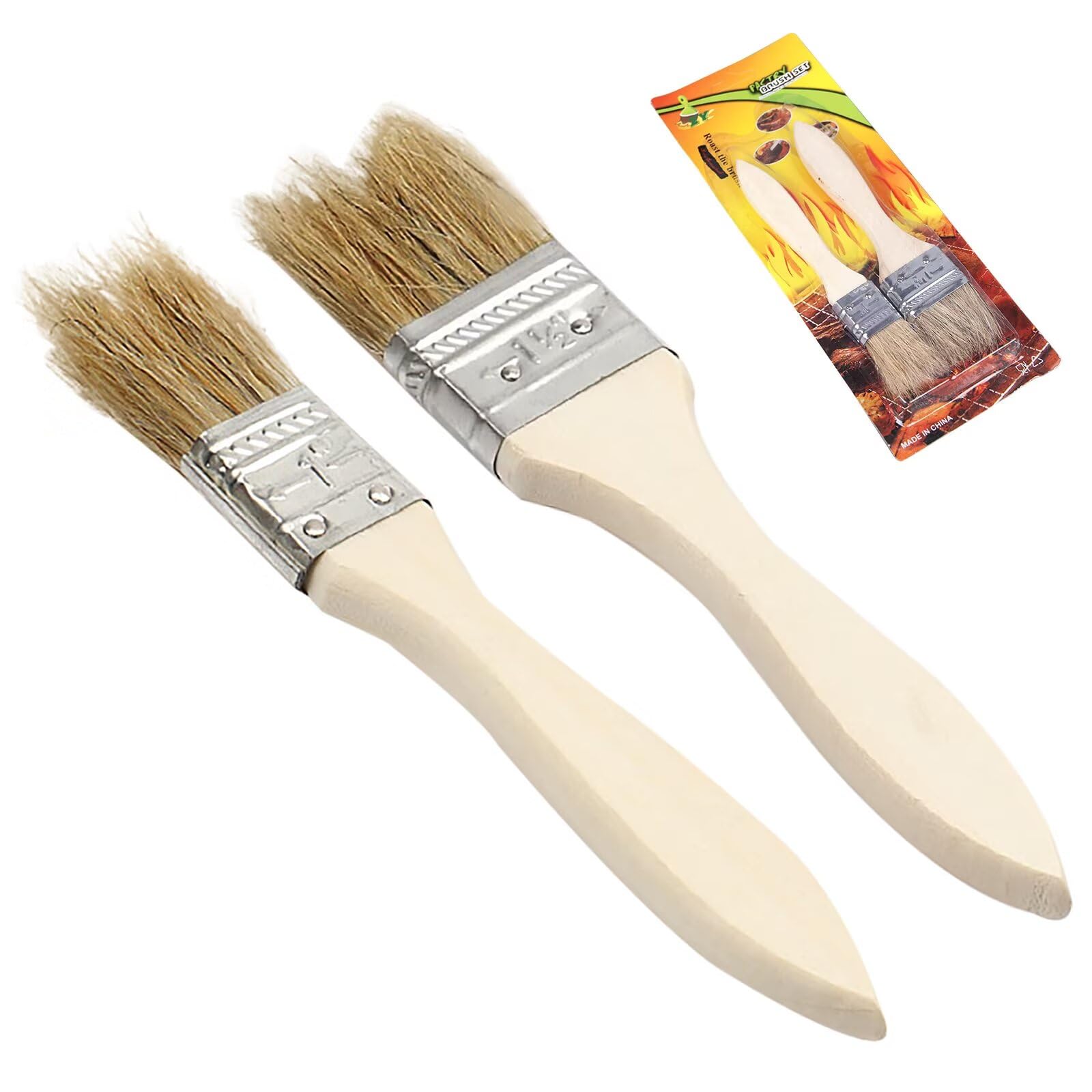 Lot de 2 pinceaux de cuisine en poils naturels - Résistant à la chaleur - Avec long manche en bois - Pour la viande, les pâtisseries