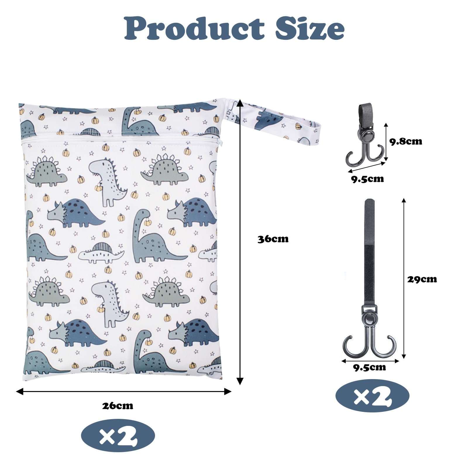VEGCOO 2 Pcs Dinosaur Pattern Nappy Bags, Waterproof Wet Dry Bag Reusable Washable Cloth Diaper Swim Nappy - Image 2