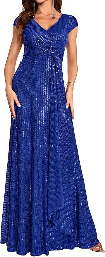 Royal Blue Short Sleeve Sequin Dress For Women Formal Gowns Sparkly V Neck Maxi Dress For Wedding Guest,S