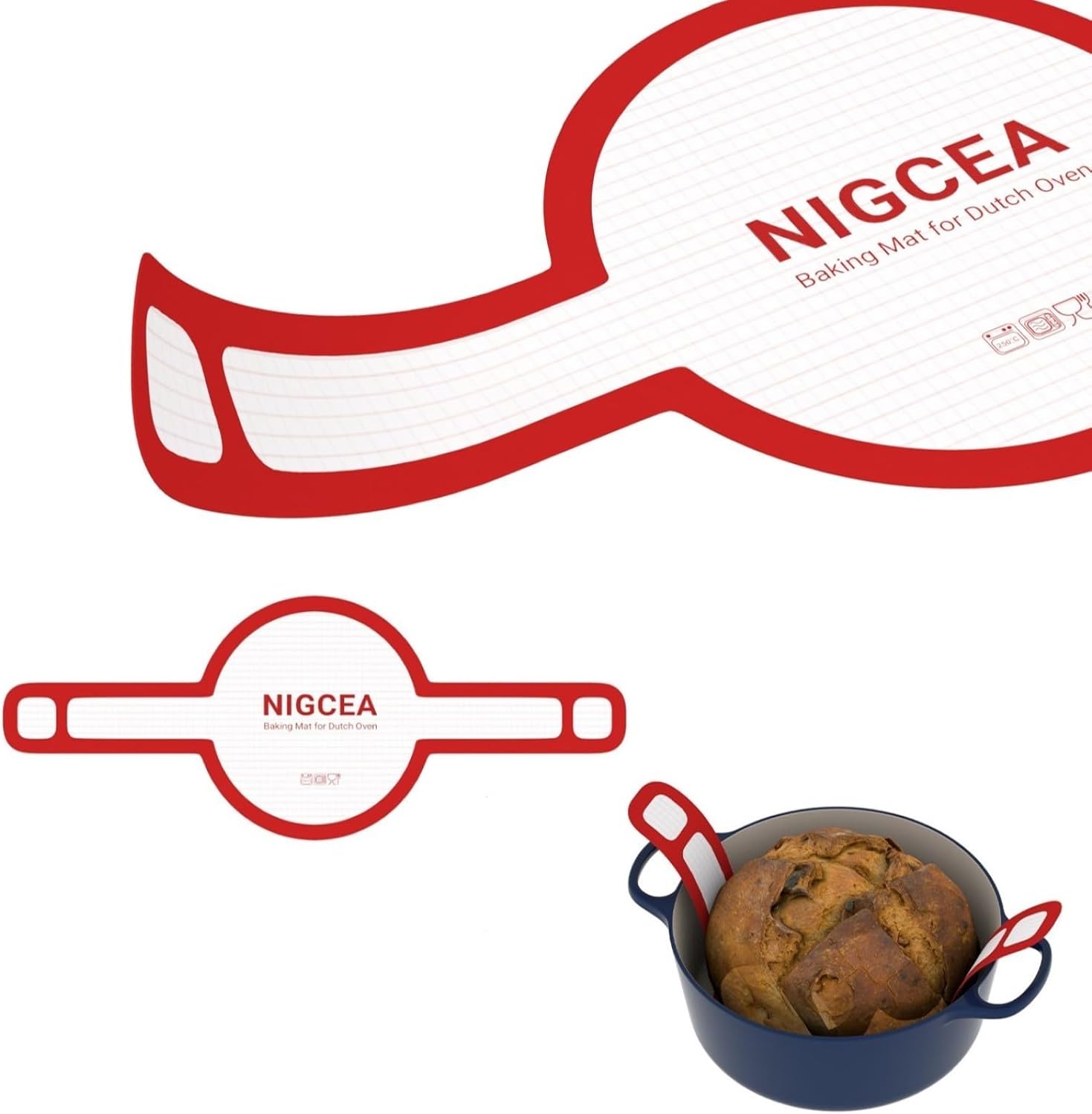 Silicone Bread Sling Sourdough Silicone Baking Mat for Dutch Oven, Long Handles Non-stick 8.3 Inch, 536º F/ 280º C, Red Sourdough Bread Baking Supplies