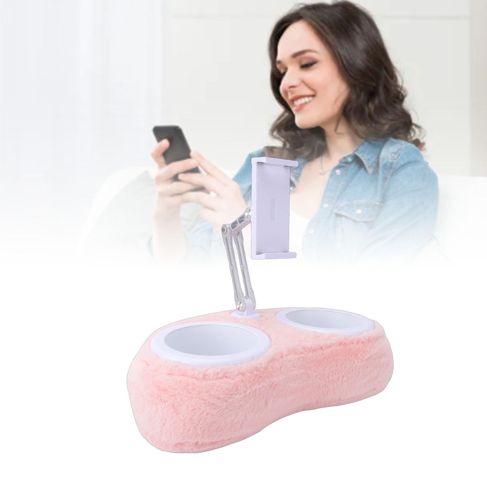 Soporte de Almohada para Tableta Ajustable 360, Soporte para Teléfono con Tazón Desmontable, de Tela de Felpa Suave, Ideal para Teléfono Móvil, Tableta, Lector Electrónico, Lectura, (Tazón