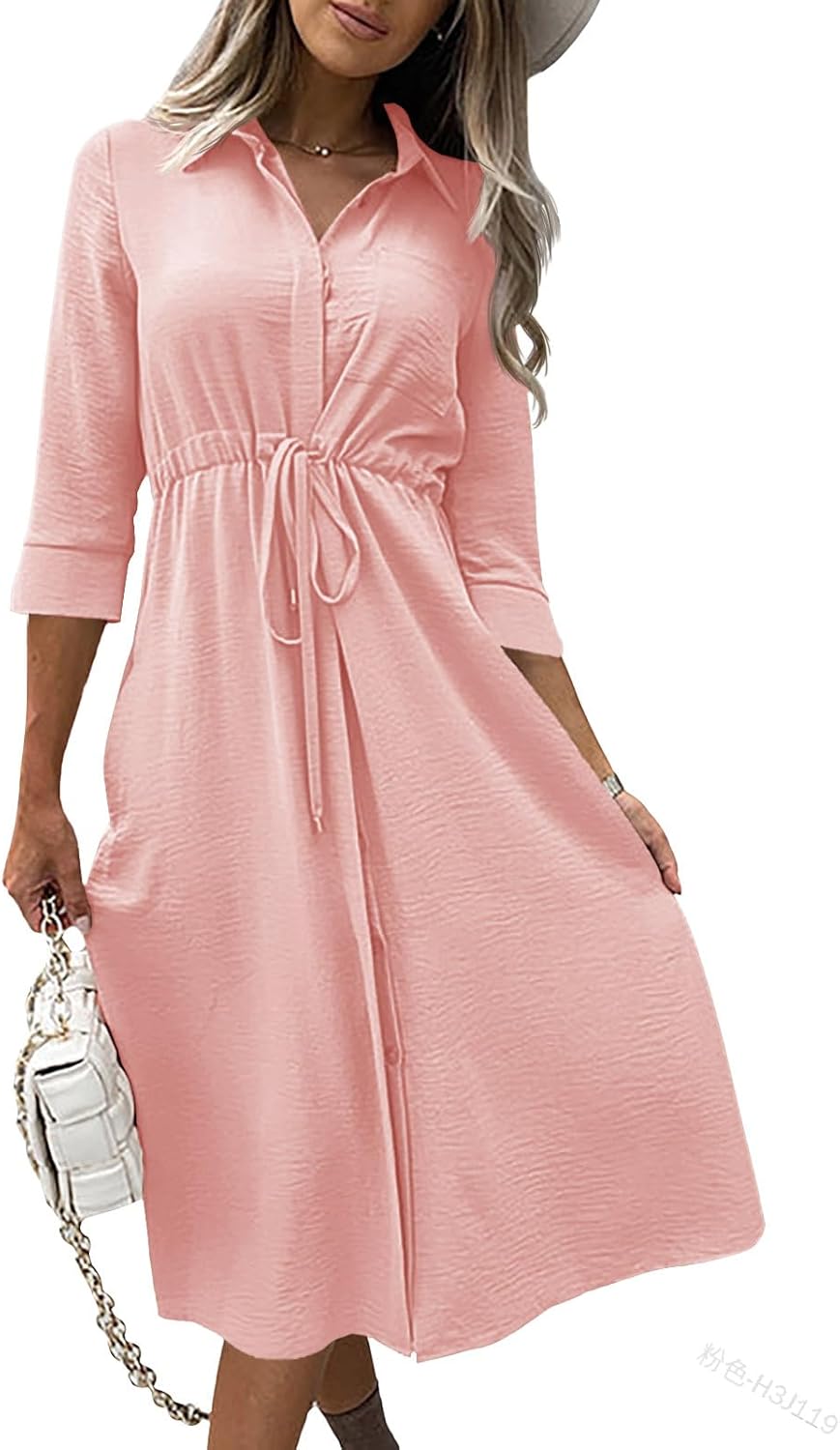 Febriajuce Women's 3/4 Sleeve Midi Dress Casual Drawstring Belted Round Neck Plain Tie Waist Loose High Waist Long Dress