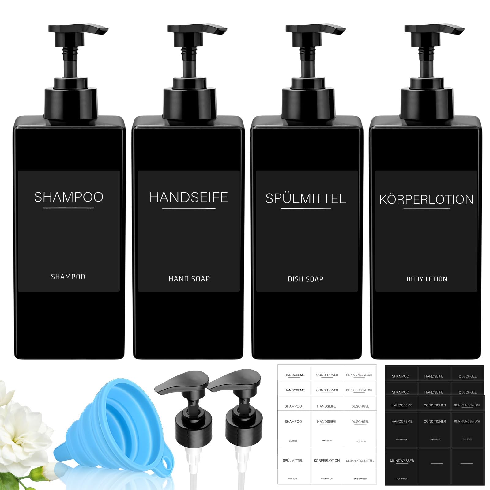 Gel and Shampoo Dispenser 500 ml Shampoo Dispenser Shampoo Bottles to Fill with Labels and Funnel for Kitchen Bathroom Travel Hotels Black (4, German Labels)