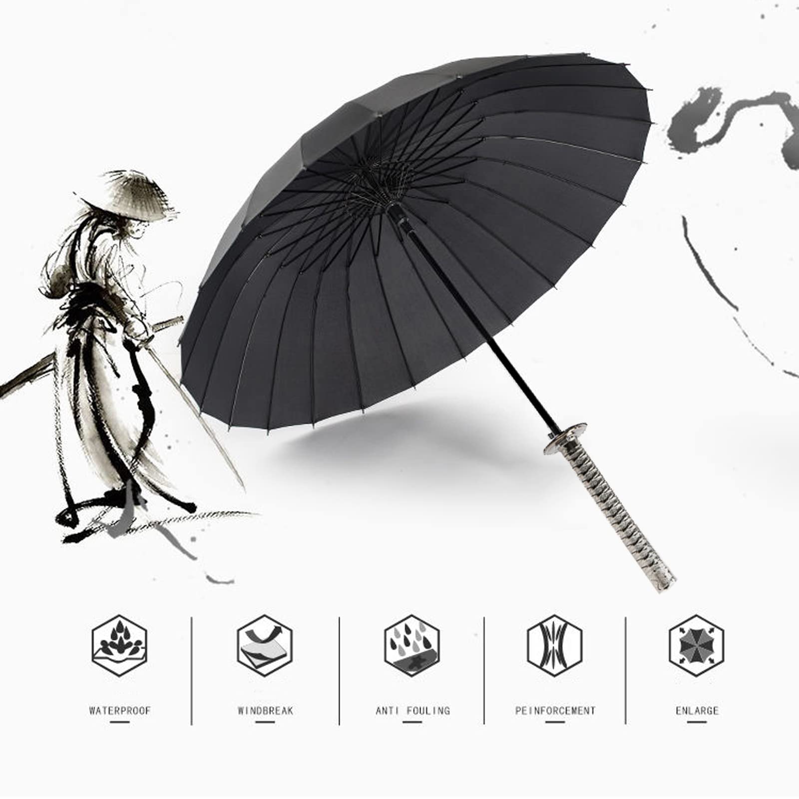 ZXF Regenschirm mit Metall langem Griff, Samurai-Schwert für den Außenbereich, Sonnen- und Regen-Regenschirm, Winddicht, wasserdicht, Anime-Motiv, schwarz, gerade