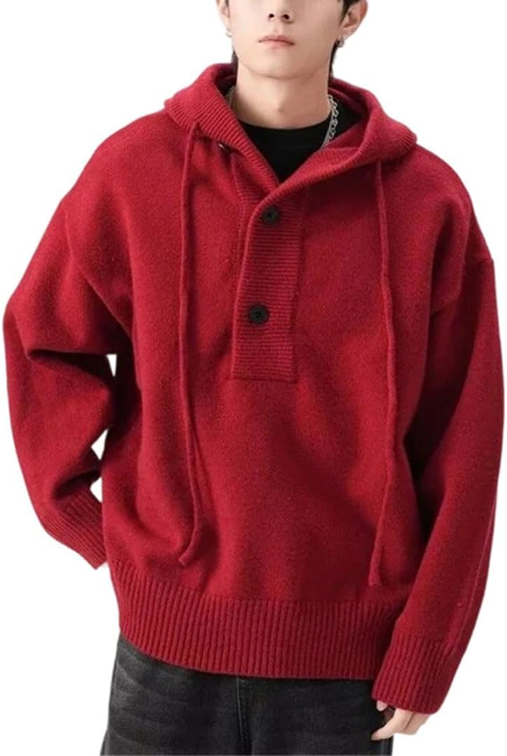Men Winter Vintage Hoodie Casual Half Button Loose Knitted Sweater Solid Cotton Blend Athletic Jumper