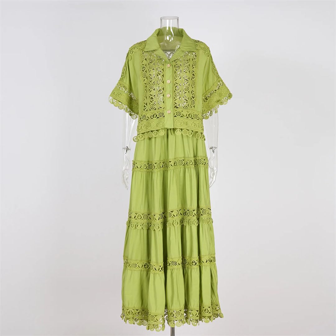 Chemise courte d'été pour femmes jupes maxi costumes dentelle brodée évider robe longue ensemble deux pièces
