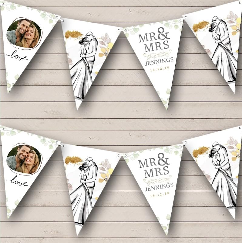 Gold & Silver Couple Date Photo Personalised Wedding Day Reception Venue Party Bunting - Hanging Wedding Decoration - Congratulations Just Married Banner Garland | Decorative Wedding Supplies