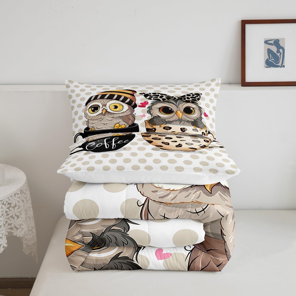 Owl Couple King Size Comforter Set Kids Kawaii Animals Decor All Season Bedding Set for Girls Teens Polka Dot Leopard Print Comforter Cute Owl Pattern Decor Quilt Set Bedroom Collection 3Pcs