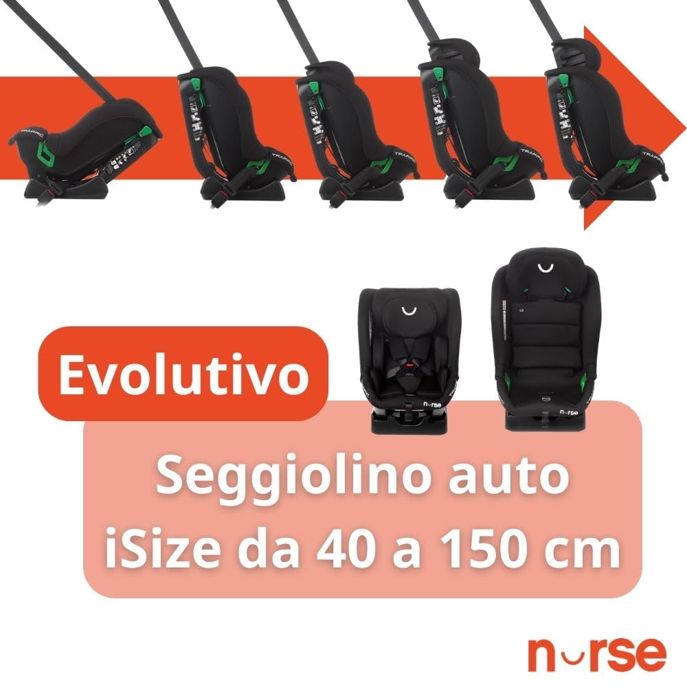 Nurse Traffic, Seggiolino Auto iSize, 40 a 150 cm, 0 a 12 anni, Senza Isofix, Ampia Reclinazione, 13 Posizioni Poggiatesta, Grigio