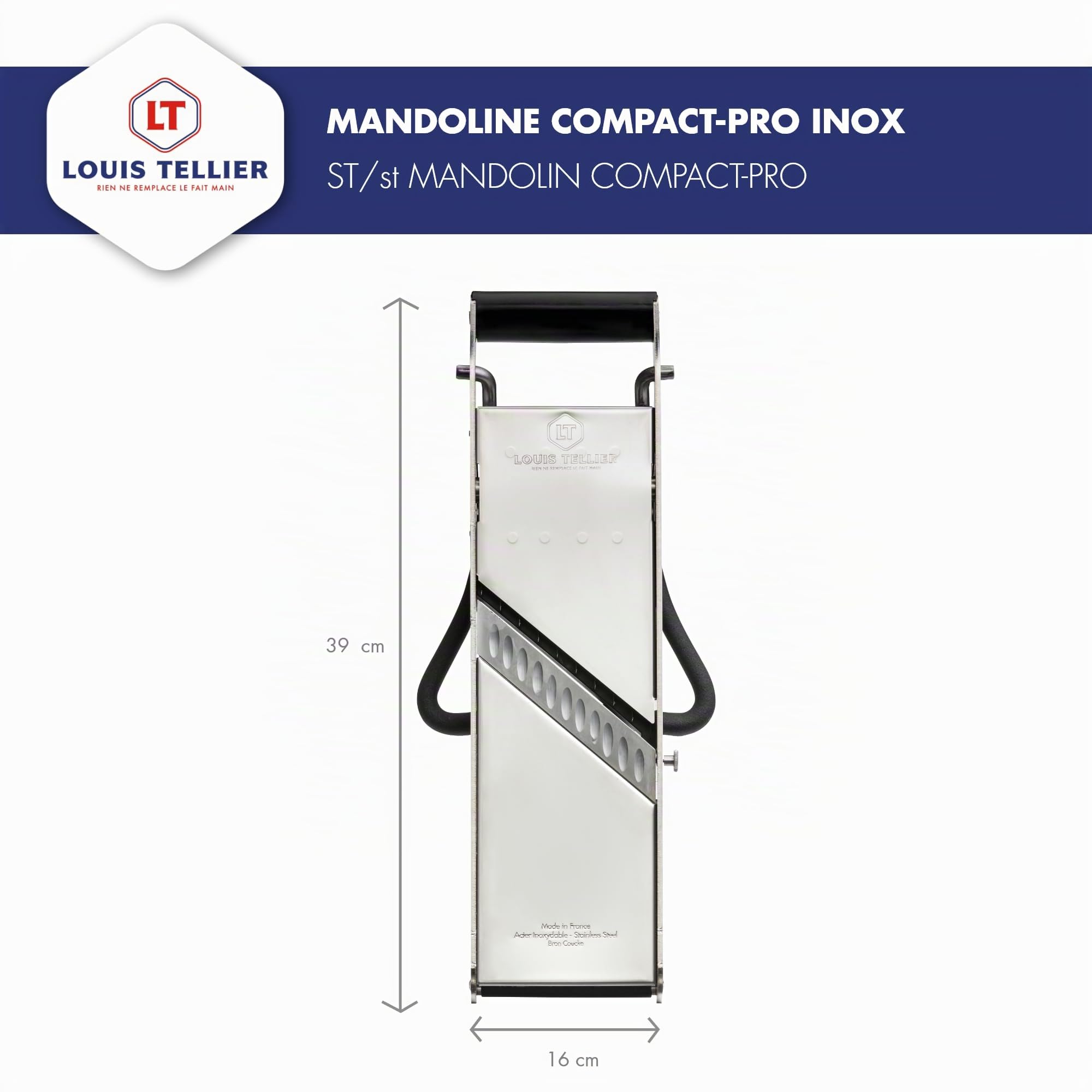LOUIS TELLIER | Professioneller Edelstahl-Gemüsehobel Compact-PRO mit Ergonomischem Schieber und Standfuß | 2 Julienneeinsätze (4 & 10 mm) | Made in France, Silber | Professionelle Präzision, erweiterte Sicherheit und perfekte Schnitte in kompaktem Edelst