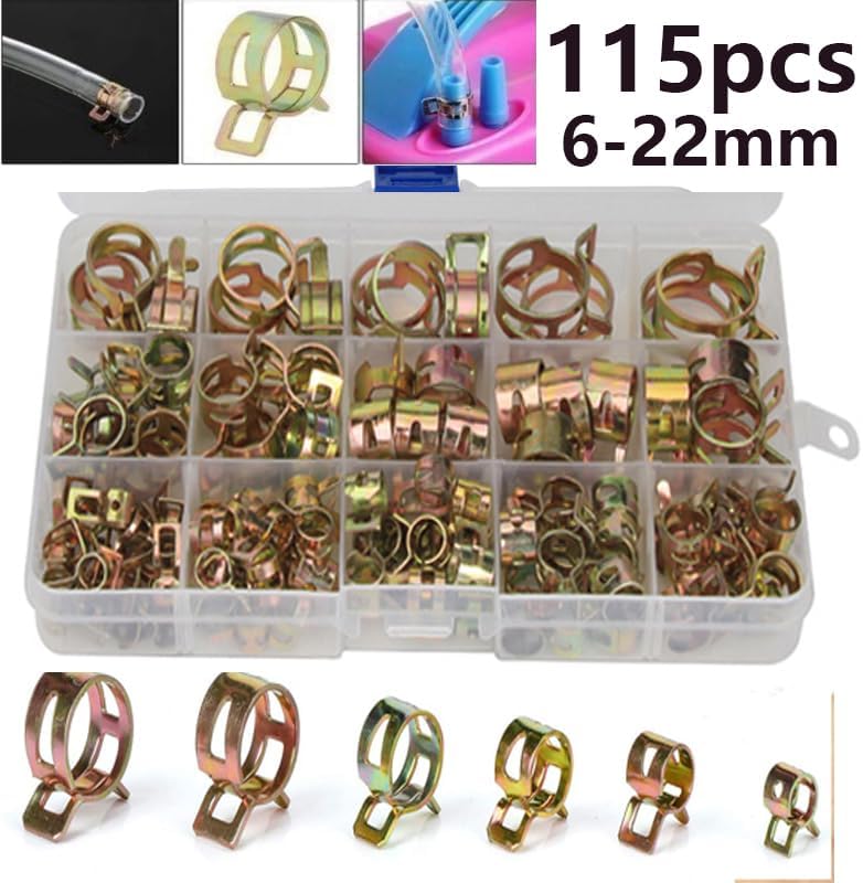 115pcs Fastener Pipe Clamp Spring Hose Clamps 6-22mm Zinc Plated Spring Clip Fuel Line Hose Water Pipe Air Tube Clamps