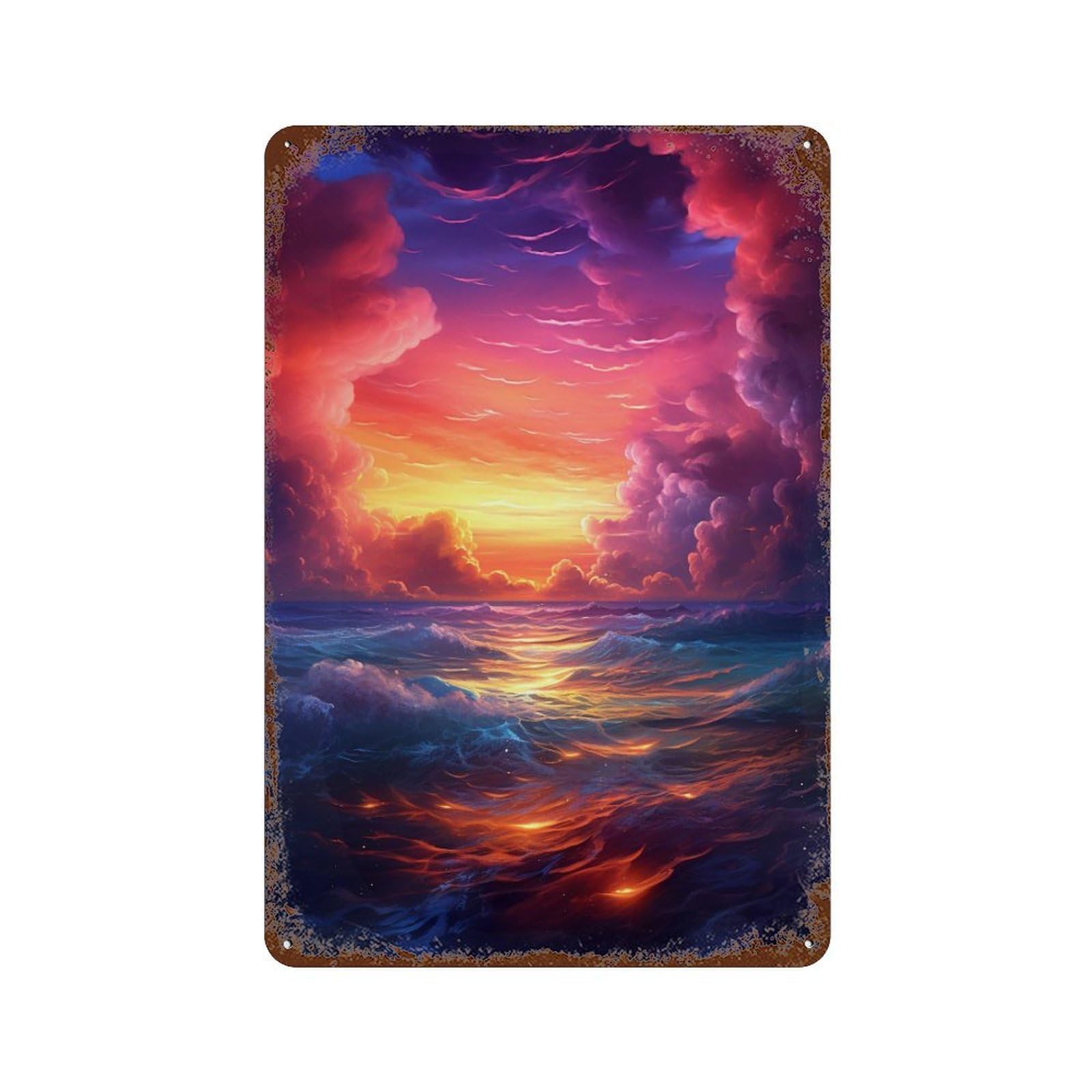 Ocean Sunset Waves-4 Rust Effect Tin Sign 11.8"x7.9", Rustic Home Decor for Garage, Bar And Workshop Decor