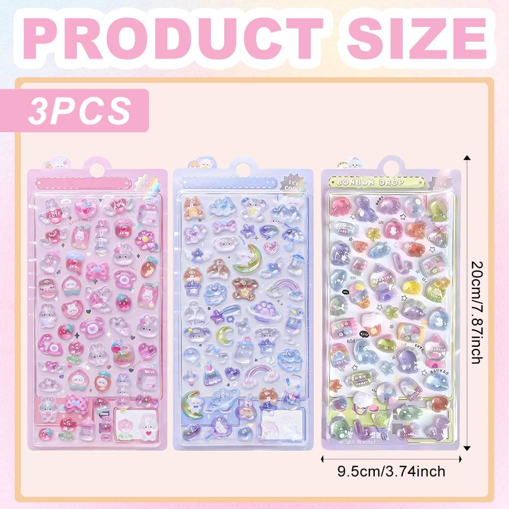 3D Puffy Sticker Sheets, Set of 3 Adorable Pink Bunny & Puppy & Dinosaur Designs, Thick Decals for Scrapbooks Journals - Image 2