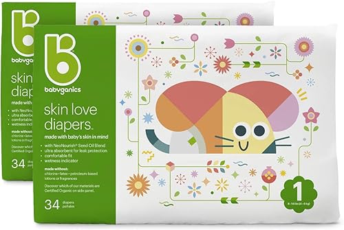 Babyganics Pañales, talla 1, 34 unidades, pañales ultra absorbentes, 2 paquetes