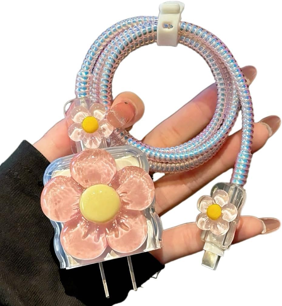 Protective Charger Case for iPhone 18W 20W iPhone 16 15 14 13 12 11 Pro Max Charging Cable Charger Protective Cover Data Cable Protective Sleeve-Peach ND Yellow Flower-image-24